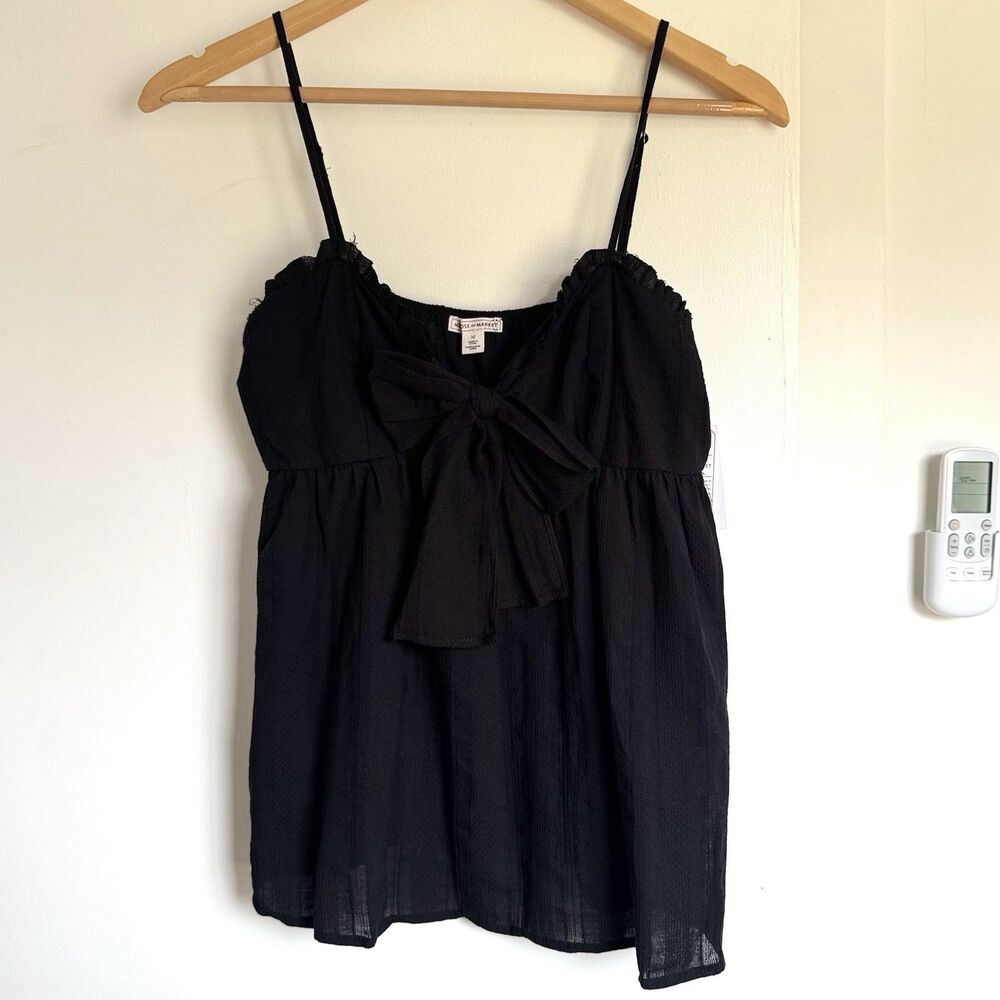NWT Melrose & Market Y2K Babydoll Whimsy Ruched Tie Bow Front Black Camisole Top